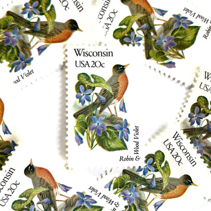 Wisconsin State Bird and Flower postage stamps from 1982 featuring a Robin and Wood Violet on vintage unused 20-cent USPS postage, Scott 2001.