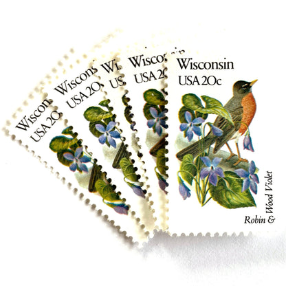 Wisconsin State Bird and Flower postage stamps from 1982 featuring a Robin and Wood Violet on vintage unused 20-cent USPS postage, Scott 2001.