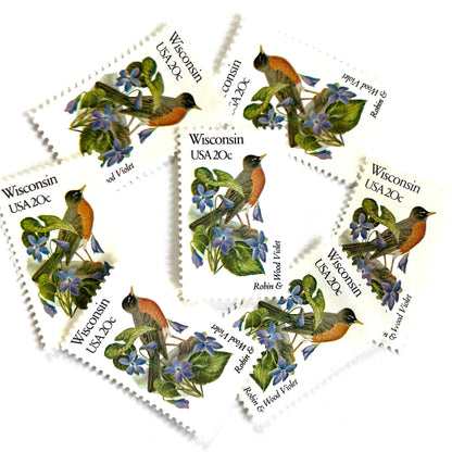 Wisconsin State Bird and Flower postage stamps from 1982 featuring a Robin and Wood Violet on vintage unused 20-cent USPS postage, Scott 2001.