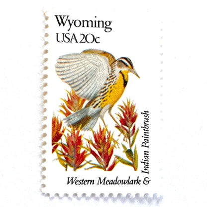 Wyoming State Bird and Flower postage stamp from 1982 featuring a Western Meadowlark and Indian Paintbrush on vintage unused 20-cent USPS postage, Scott 2002.