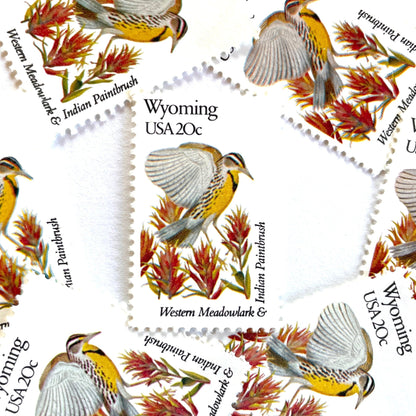 Wyoming State Bird and Flower postage stamps from 1982 featuring a Western Meadowlark and Indian Paintbrush on vintage unused 20-cent USPS postage, Scott 2002.