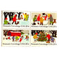 Image of 1982 Contemporary Christmas “Season's Greetings” 20 cent stamps. Scott #2027-30. Stamp Themes: Christmas, Holidays, Winter, Sledding, Ice Skating, Snowman Building, Christmas Tree Decorating, Snow, Cold, Children Playing. Christmas Issue Se-Tenant set of four connected stamps.