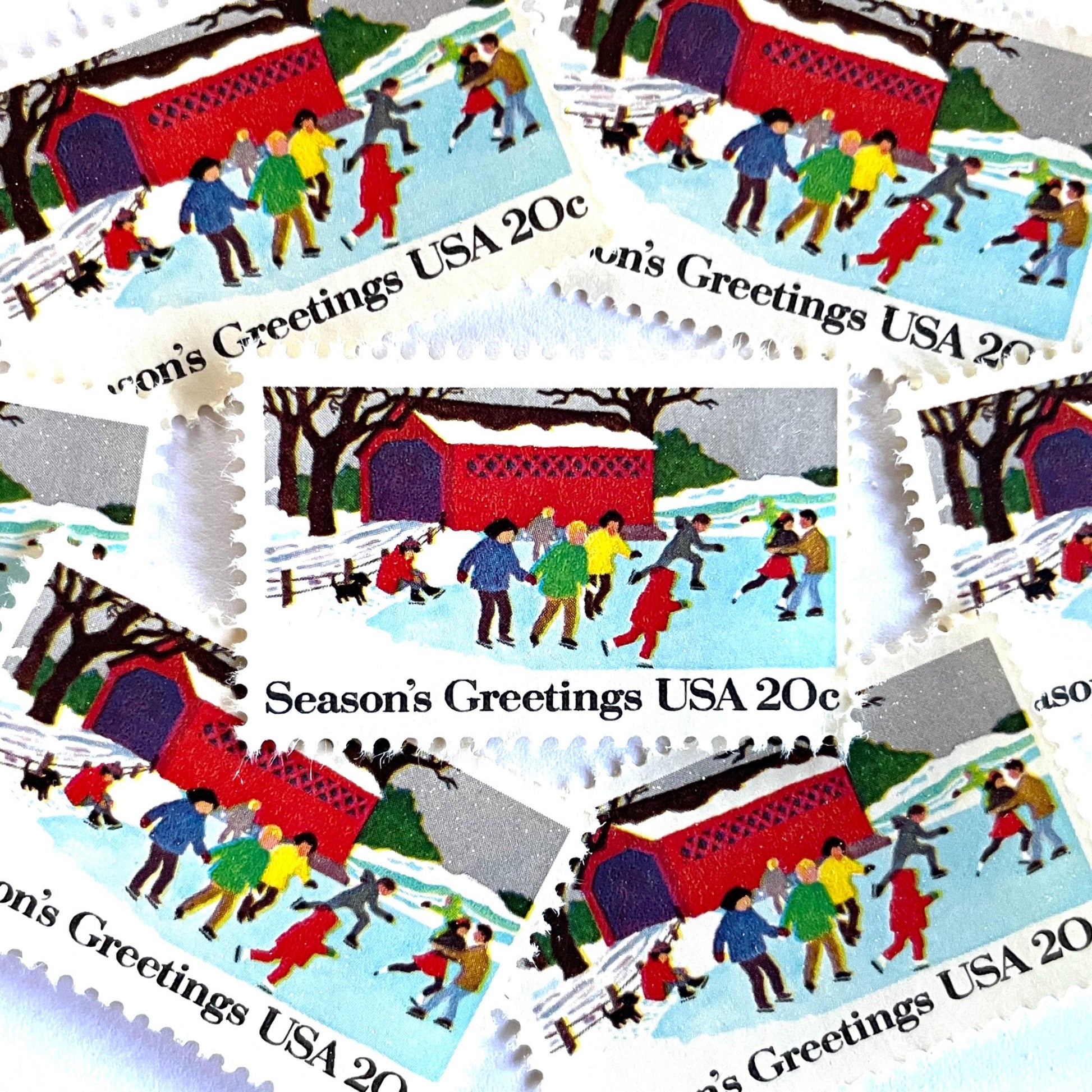 Image of 1982 Contemporary Christmas “Ice Skating” 20-cent stamps. Scott #2029. Stamp Themes: Ice Skating, Christmas, Winter Holidays, Snow, Winter Scene, Covered Bridge, Season's Greetings. Multicolored postage stamp.