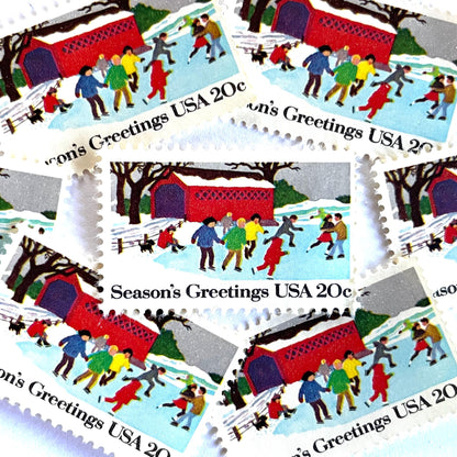 Image of 1982 Contemporary Christmas “Ice Skating” 20-cent stamps. Scott #2029. Stamp Themes: Ice Skating, Christmas, Winter Holidays, Snow, Winter Scene, Covered Bridge, Season's Greetings. Multicolored postage stamp.