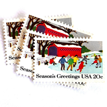 Image of 1982 Contemporary Christmas “Ice Skating” 20-cent stamps. Scott #2029. Stamp Themes: Ice Skating, Christmas, Winter Holidays, Snow, Winter Scene, Covered Bridge, Season's Greetings. Multicolored postage stamp.