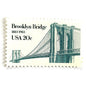 Image of 1983 “Brooklyn Bridge” 20-cent mail stamps. Scott #2041. Stamp Themes: 100th Anniversary of the Brooklyn Bridge, 8th Wonder of the World, NYC, New York City, Brooklyn. Blue postage stamp.