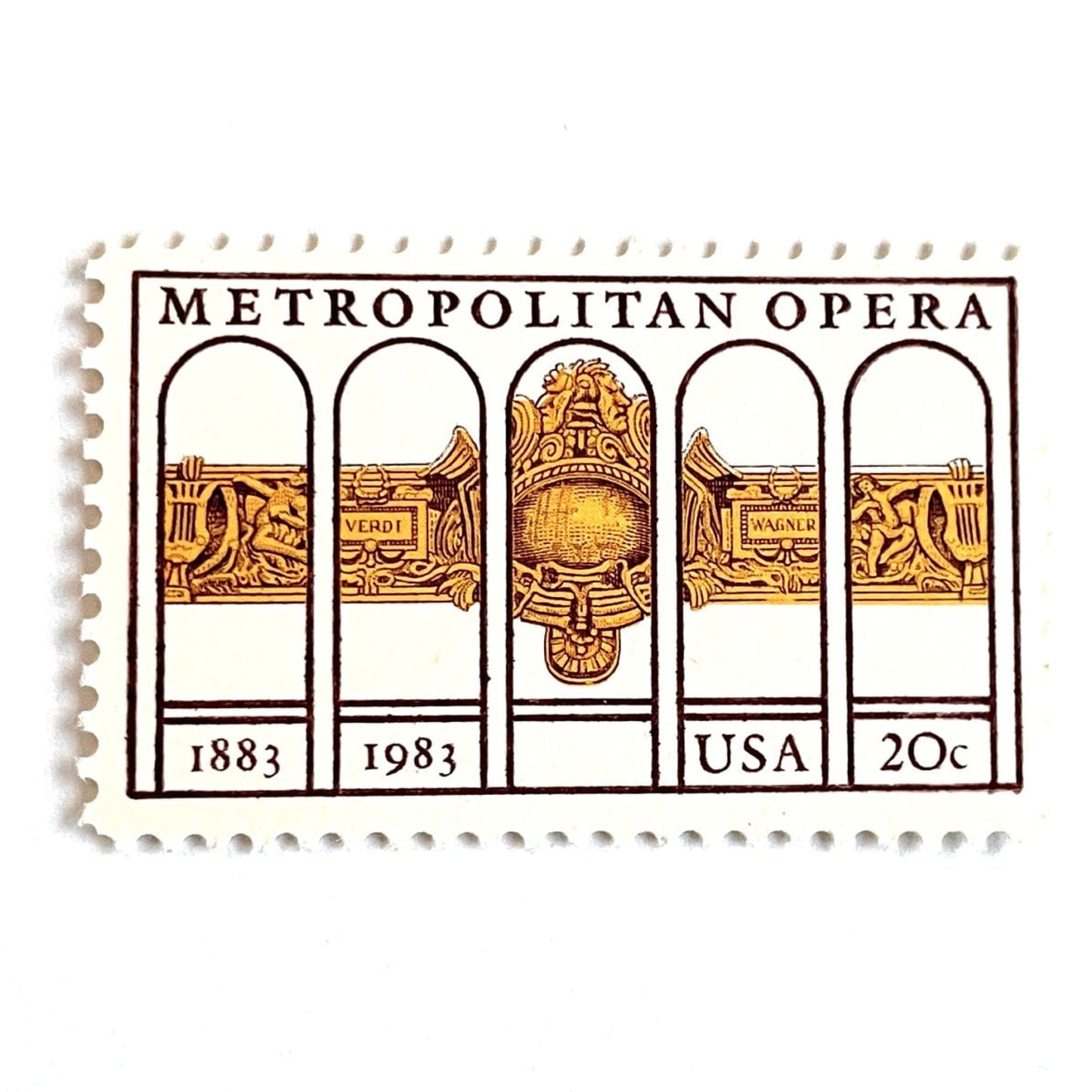 Image of 1983 “Metropolitan Opera” 20-cent mail stamps. Scott #2054. Stamp Themes: The Met, 100th Anniversary of New York's Opera, Opera House, NYC, New York City. Gold, Yellow, Maroon postage stamp.