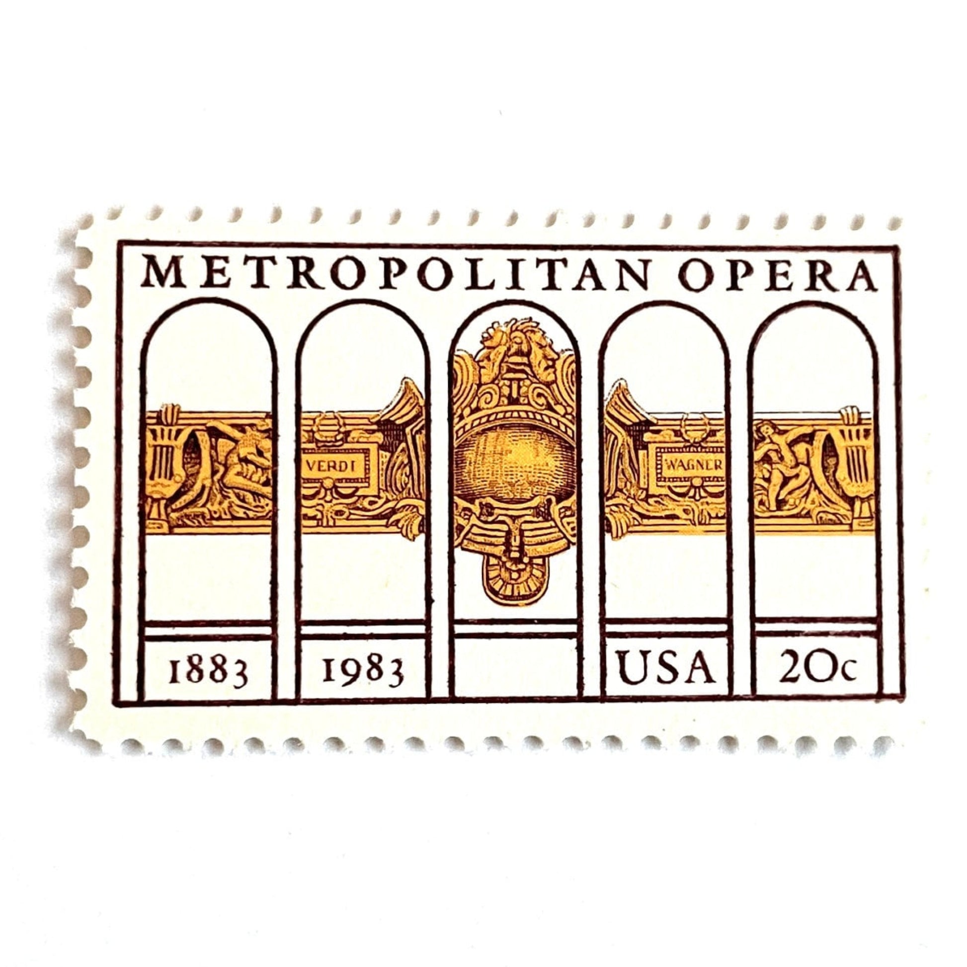 Image of 1983 “Metropolitan Opera” 20-cent mail stamps. Scott #2054. Stamp Themes: The Met, 100th Anniversary of New York's Opera, Opera House, NYC, New York City. Gold, Yellow, Maroon postage stamp.