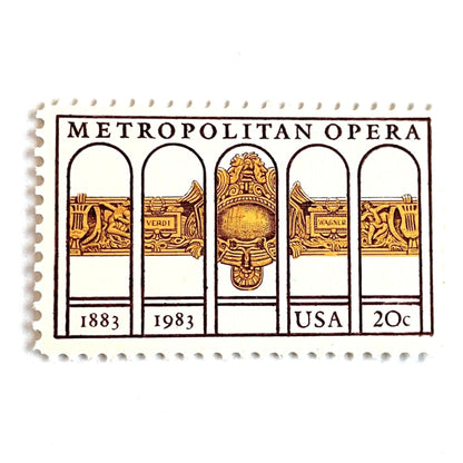Image of 1983 “Metropolitan Opera” 20-cent mail stamps. Scott #2054. Stamp Themes: The Met, 100th Anniversary of New York's Opera, Opera House, NYC, New York City. Gold, Yellow, Maroon postage stamp.