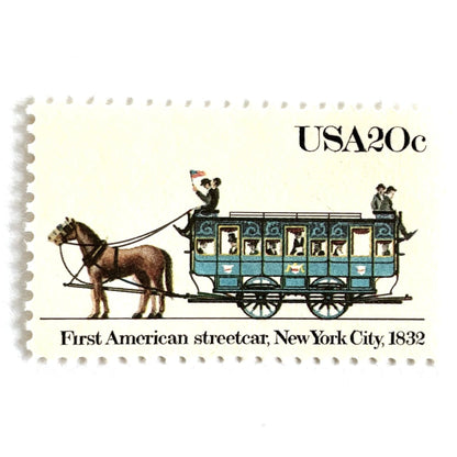 Image of 1983 Street Cars Series “First American, 1832” (John Mason Streetcar) 20-cent mail stamps. Scott #2059. Stamp Themes: First American Streetcar, NYC, New York City, Mass Transportation, Horse Drawn. Blue postage stamp.