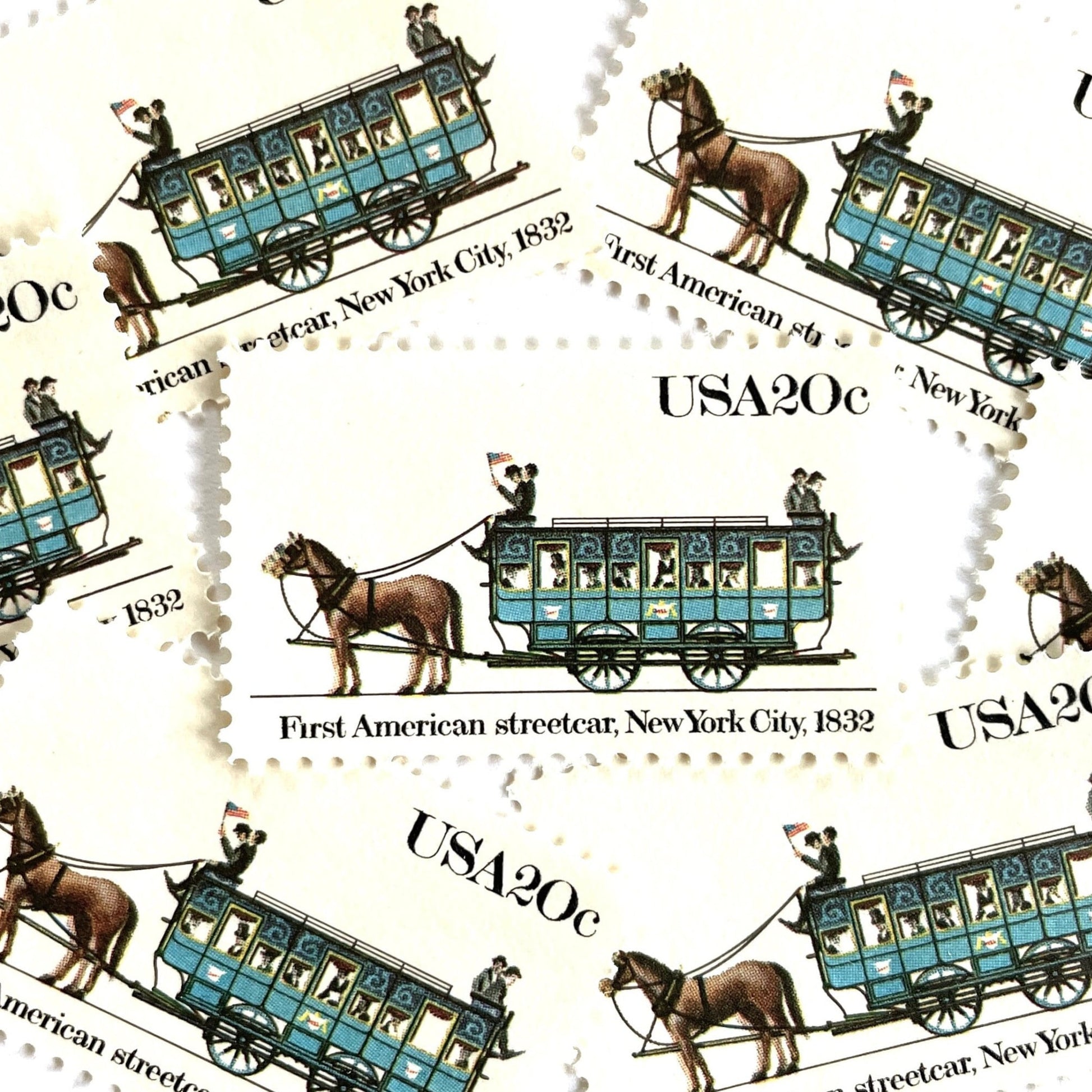 Image of 1983 Street Cars Series “First American, 1832” (John Mason Streetcar) 20-cent mail stamps. Scott #2059. Stamp Themes: First American Streetcar, NYC, New York City, Mass Transportation, Horse Drawn. Blue postage stamp.