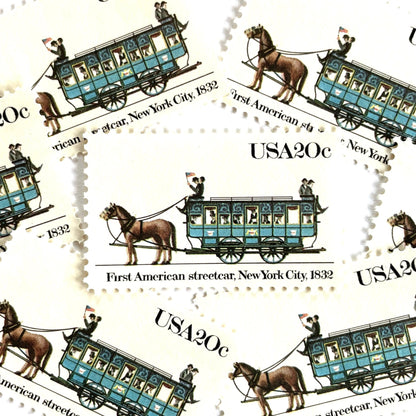Image of 1983 Street Cars Series “First American, 1832” (John Mason Streetcar) 20-cent mail stamps. Scott #2059. Stamp Themes: First American Streetcar, NYC, New York City, Mass Transportation, Horse Drawn. Blue postage stamp.