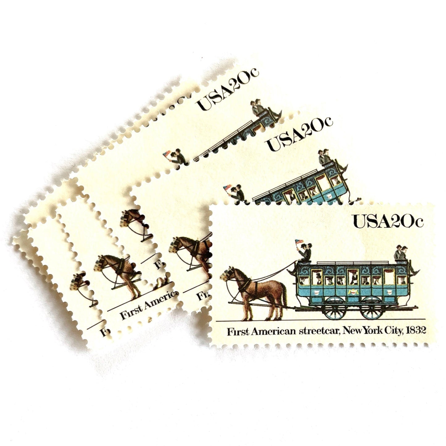 Image of 1983 Street Cars Series “First American, 1832” (John Mason Streetcar) 20-cent mail stamps. Scott #2059. Stamp Themes: First American Streetcar, NYC, New York City, Mass Transportation, Horse Drawn. Blue postage stamp.