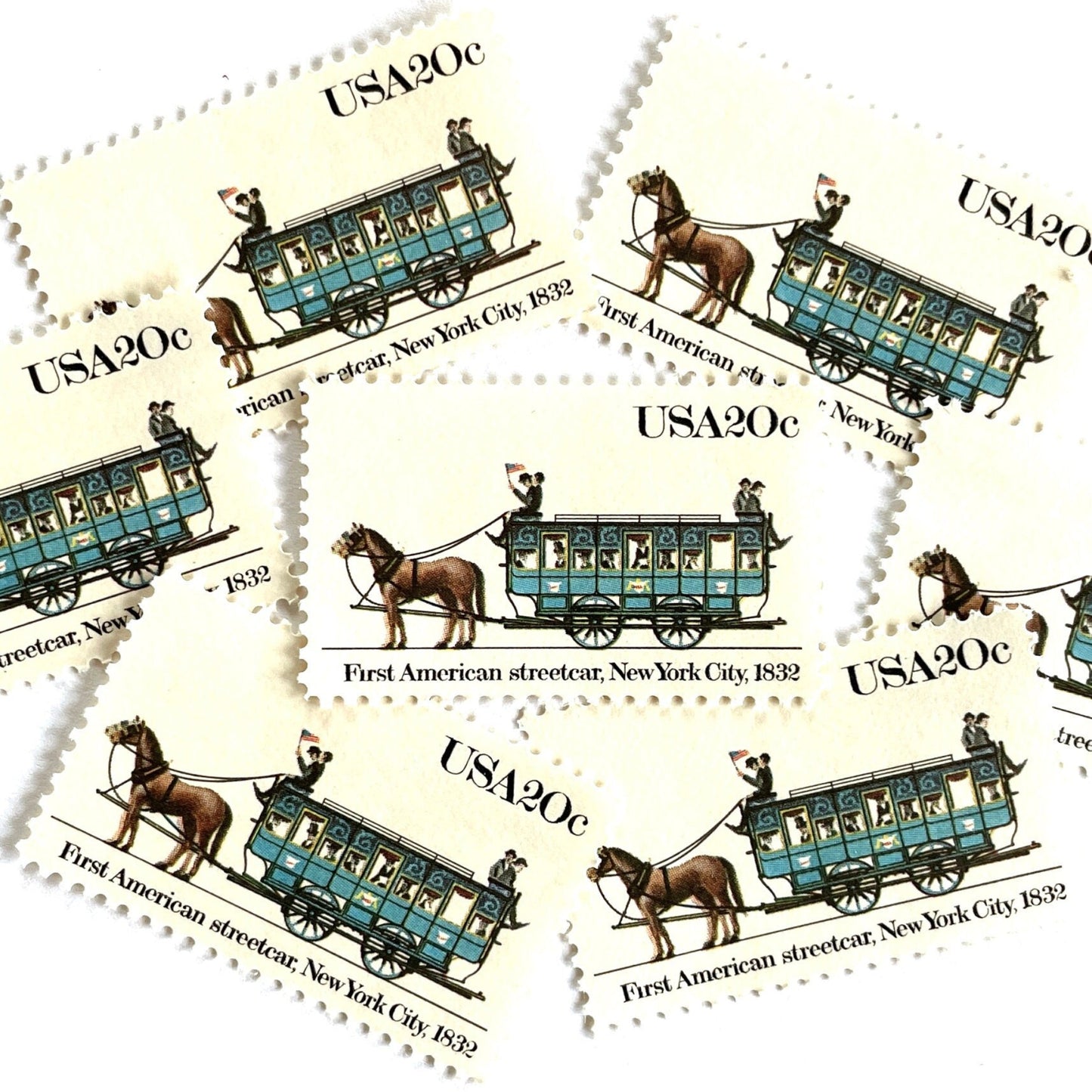 Image of 1983 Street Cars Series “First American, 1832” (John Mason Streetcar) 20-cent mail stamps. Scott #2059. Stamp Themes: First American Streetcar, NYC, New York City, Mass Transportation, Horse Drawn. Blue postage stamp.