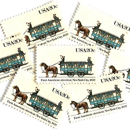Image of 1983 Street Cars Series “First American, 1832” (John Mason Streetcar) 20-cent mail stamps. Scott #2059. Stamp Themes: First American Streetcar, NYC, New York City, Mass Transportation, Horse Drawn. Blue postage stamp.