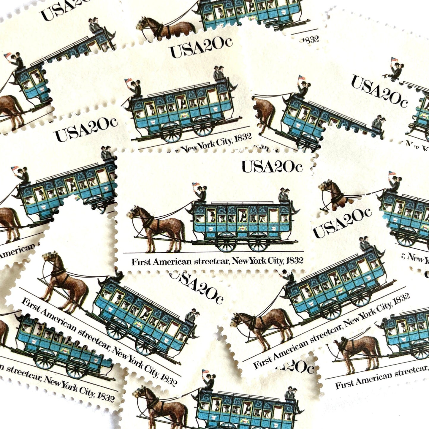 Image of 1983 Street Cars Series “First American, 1832” (John Mason Streetcar) 20-cent mail stamps. Scott #2059. Stamp Themes: First American Streetcar, NYC, New York City, Mass Transportation, Horse Drawn. Blue postage stamp.