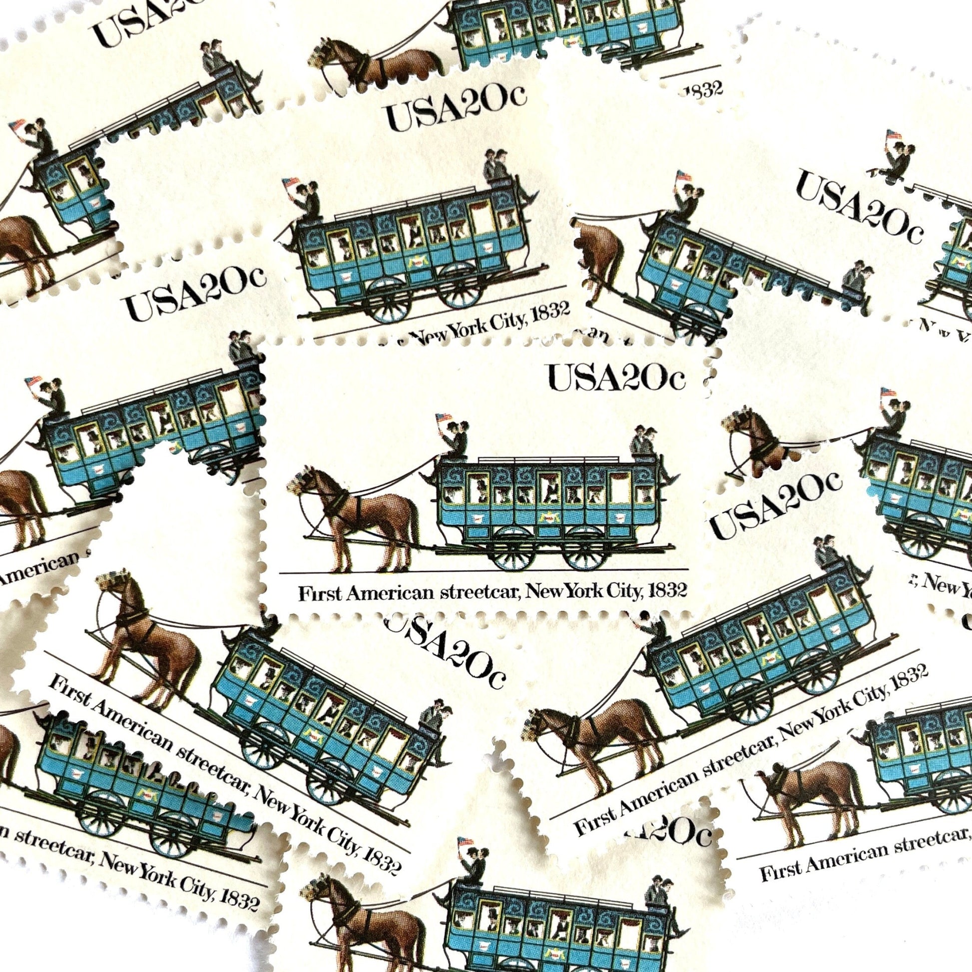 Image of 1983 Street Cars Series “First American, 1832” (John Mason Streetcar) 20-cent mail stamps. Scott #2059. Stamp Themes: First American Streetcar, NYC, New York City, Mass Transportation, Horse Drawn. Blue postage stamp.