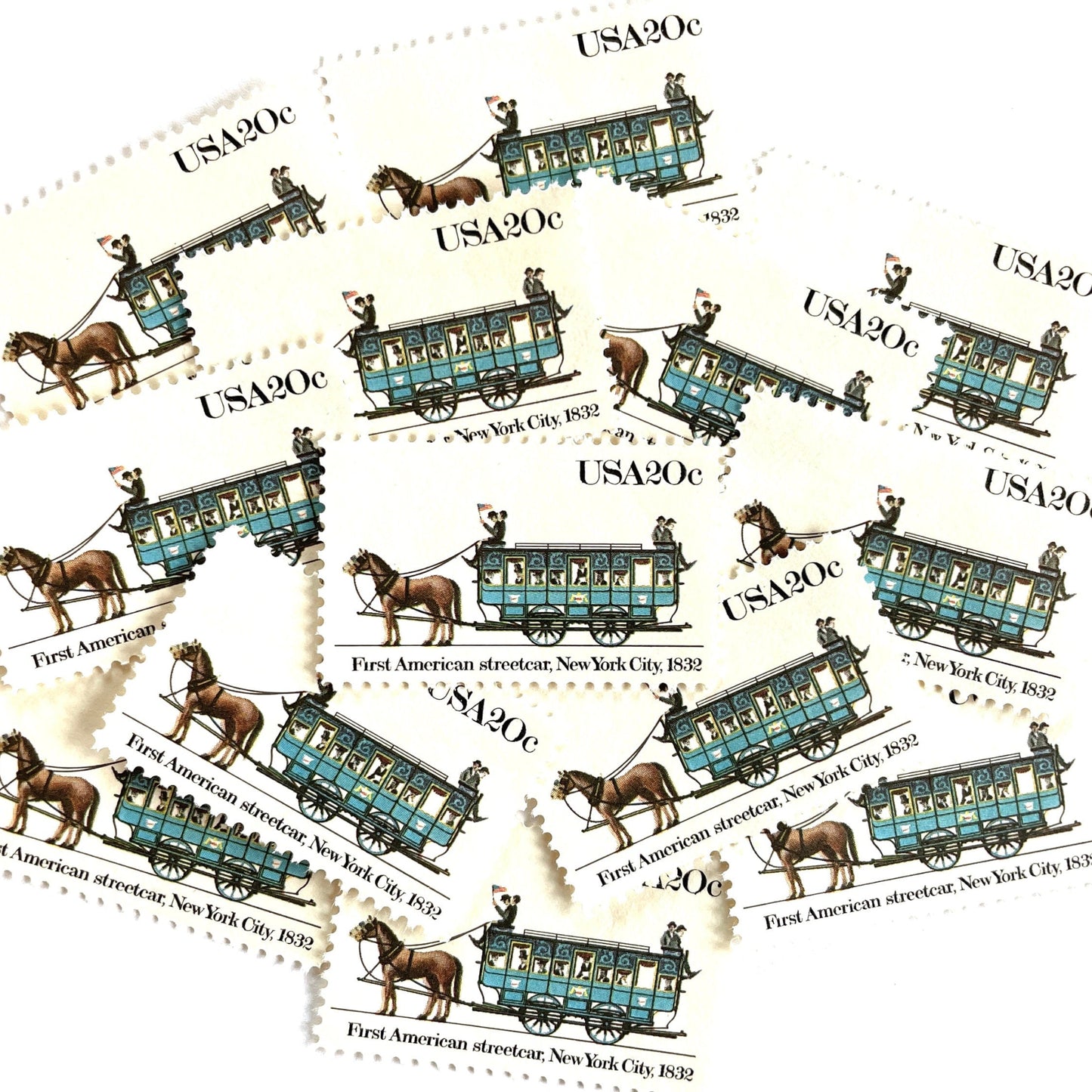 Image of 1983 Street Cars Series “First American, 1832” (John Mason Streetcar) 20-cent mail stamps. Scott #2059. Stamp Themes: First American Streetcar, NYC, New York City, Mass Transportation, Horse Drawn. Blue postage stamp.