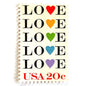Love with Hearts postage stamp from 1984 featuring repeated LOVE lettering with five different-colored hearts on vintage unused 20-cent USPS postage, Scott 2072.
