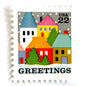 Image of 1986 Contemporary Christmas “Winter Village Scene” 22 cent stamps. Scott #2245. Stamp Themes: Christmas, Holidays, Greetings, Winter, Snow, Snowing, Houses. Multicolored postage stamp.