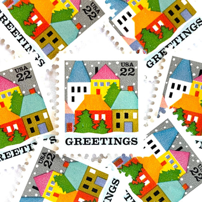 Image of 1986 Contemporary Christmas “Winter Village Scene” 22 cent stamps. Scott #2245. Stamp Themes: Christmas, Holidays, Greetings, Winter, Snow, Snowing, Houses. Multicolored postage stamp.
