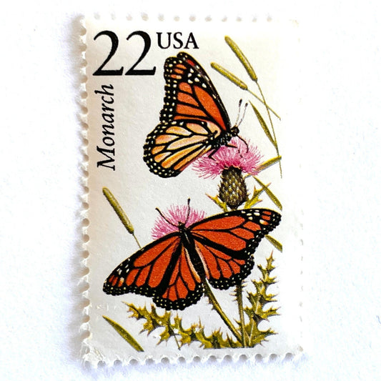 Image of 1987 North American Wildlife Series “Monarch Butterfly” 22-cent vintage unused USPS mail stamps. Scott #2287. Stamp Themes: Wildlife, Nature, Flying Insects, Butterflies, Wings, Pollinators, California, Mexico, Migration, Migratory, Milkweed, Flowers, Conservation. Orange and Black, Pink, Green, Multicolored postage stamp. Perfect vintage postage stamp to use for save the date announcements, wedding invitation postage, shower invitations, birth announcements, thank you cards, and snail mail.