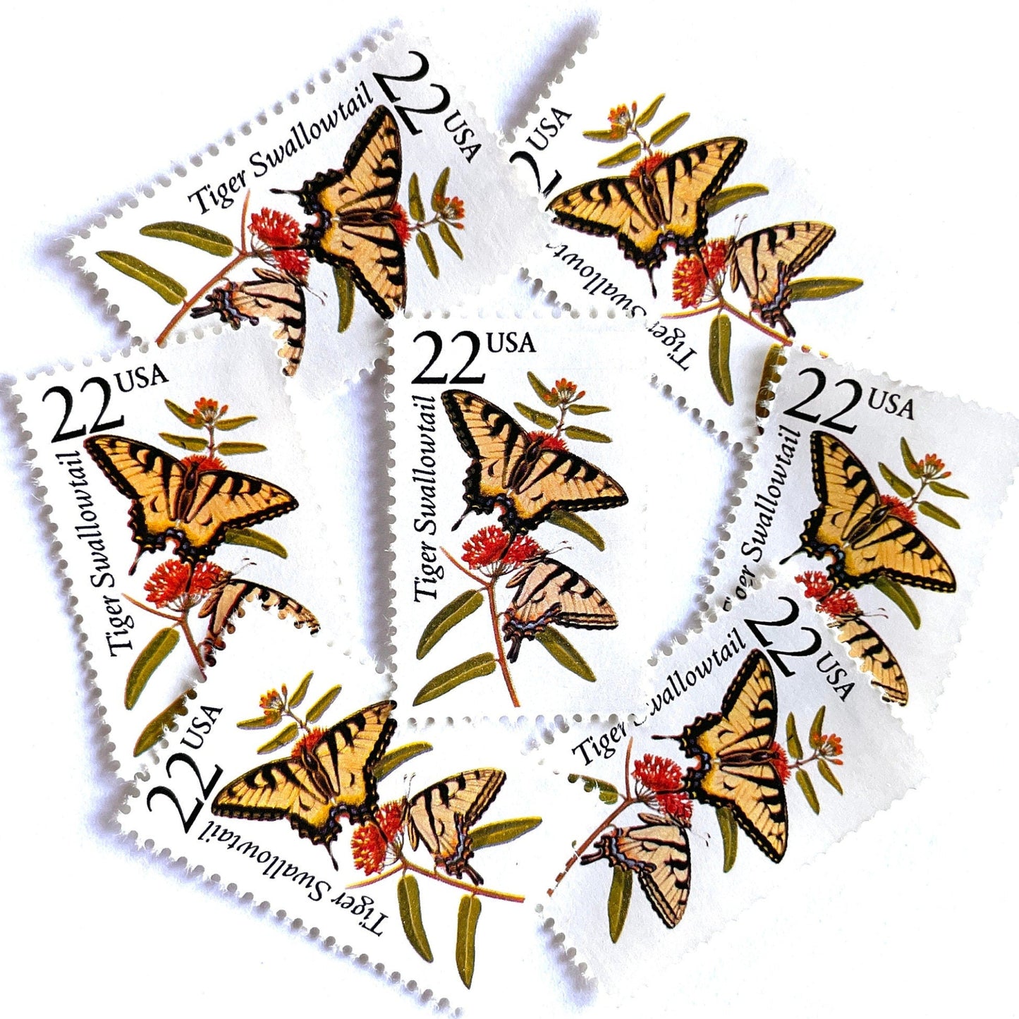 Image of 1987 North American Wildlife Series “Tiger Swallowtail Butterfly” 22-cent unused mail stamps. Scott #2300. Stamp Themes: Wildlife, Nature, Insect, Flying Insect, Butterfly, Pollinator, Flight, Forests, Meadows, Gardens, Wildlife Conservation. Yellow, Black, Red, Multicolored postage stamp.