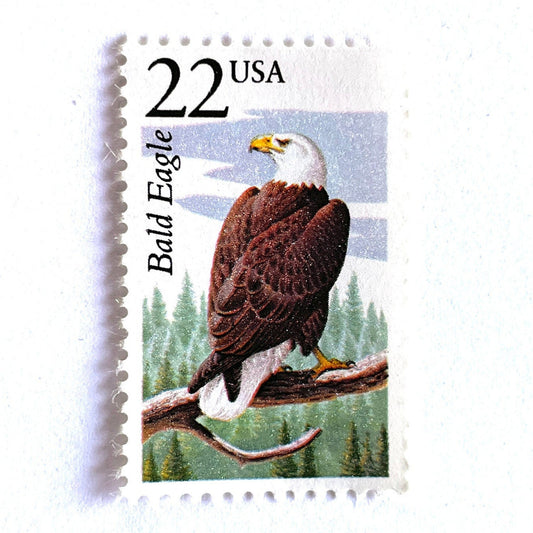 Image of 1987 North American Wildlife Series “Bald Eagle” 22-cent mail stamps. Scott #2309. Stamp Themes: Eagle, Bird, Birds of Prey, United States National Bird, Patriotic, Mascot, United States of America Icon. Brown and White, Multicolored postage stamp.