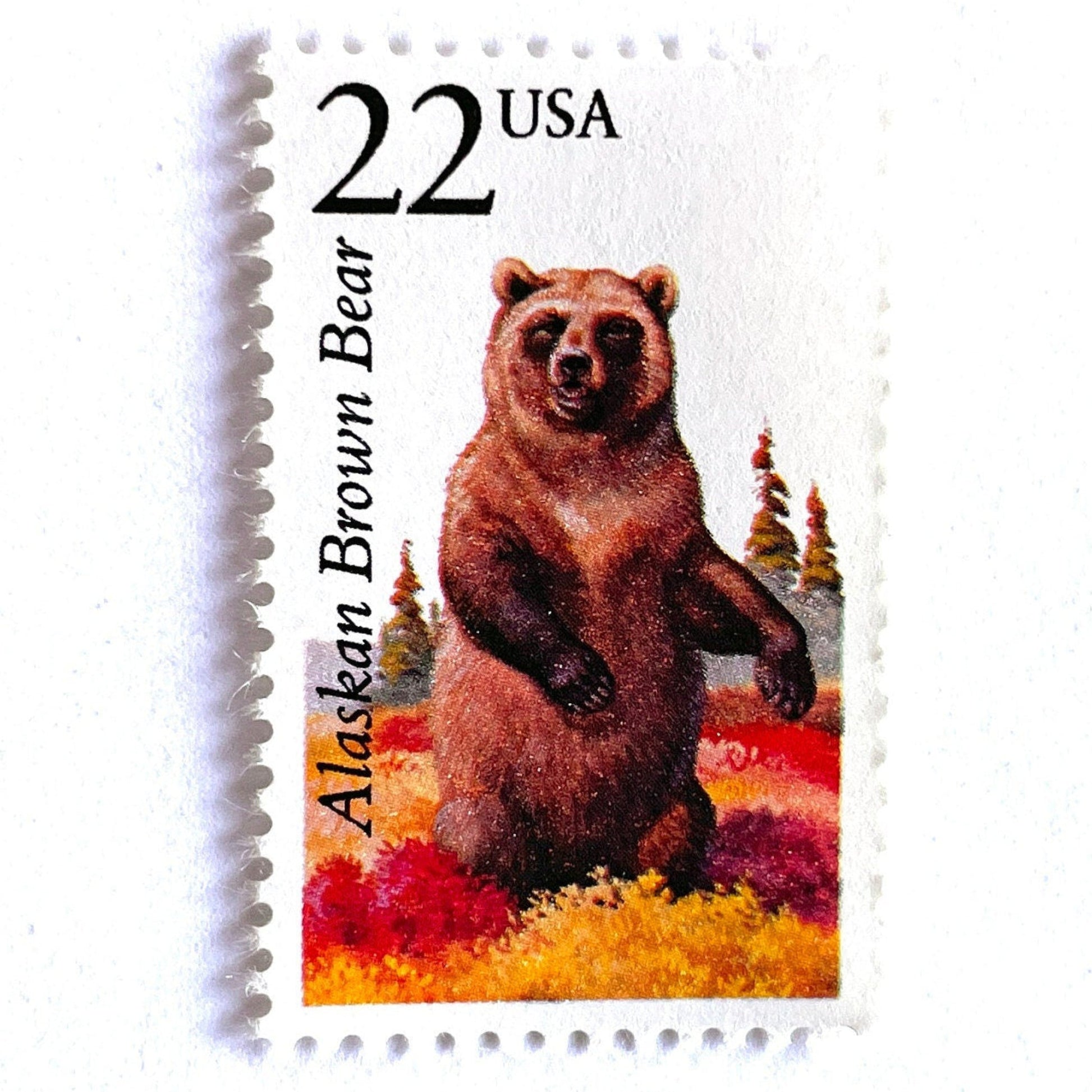 Image of 1987 North American Wildlife Series “Alaskan Brown Bear” 22-cent vintage unused USPS mail stamps. Scott #2310. Stamp Themes: Wildlife, Nature, Bear, Grizzly Bear, Kodiak Bear, Alaska, Autumn, Fall Colors, Memphis Grizzlies, Hunting. Brown, Red, Yellow, Green, Multicolored postage stamp. Perfect vintage postage stamp to use for save the date announcements, wedding invitation postage, shower invitations, thank you cards, birthday party invites, and snail mail.