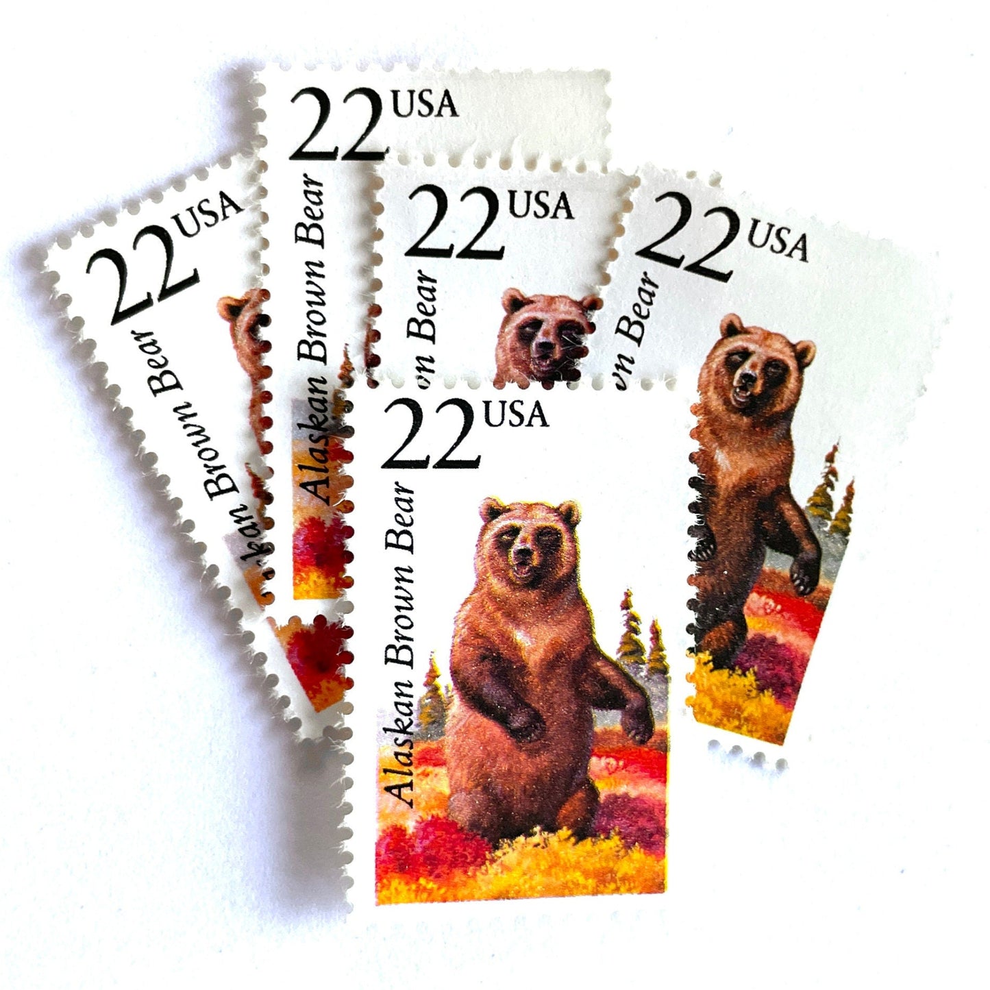 Image of 1987 North American Wildlife Series “Alaskan Brown Bear” 22-cent vintage unused USPS mail stamps. Scott #2310. Stamp Themes: Wildlife, Nature, Bear, Grizzly Bear, Kodiak Bear, Alaska, Autumn, Fall Colors, Memphis Grizzlies, Hunting. Brown, Red, Yellow, Green, Multicolored postage stamp. Perfect vintage postage stamp to use for save the date announcements, wedding invitation postage, shower invitations, thank you cards, birthday party invites, and snail mail.