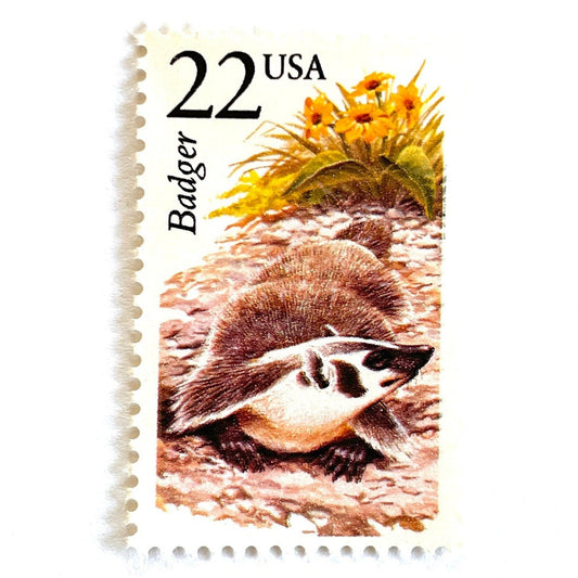 Image of 1987 North American Wildlife Series “Badger” 22-cent vintage unused USPS mail stamps. Scott #2312. Stamp Themes: Wildlife, Nature, American Badger, Honey Badger, Masked, Burrowing, Yellow Flowers, University of Wisconsin–Madison Mascot — Bucky Badger, Conservation. Natural, Neutral, Black, Yellow, Green, Multicolored postage stamp. Perfect vintage postage stamp to use for save the date announcements, wedding invitation postage, shower invitations, thank you cards, and snail mail.