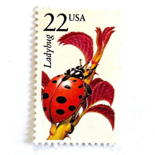 Image of 1987 North American Wildlife Series “Ladybug” 22-cent mail stamps. Scott #2315. Stamp Themes: Ladybug, Insect, beetle, spots. Red/Orange and Black, Multicolor postage stamp.