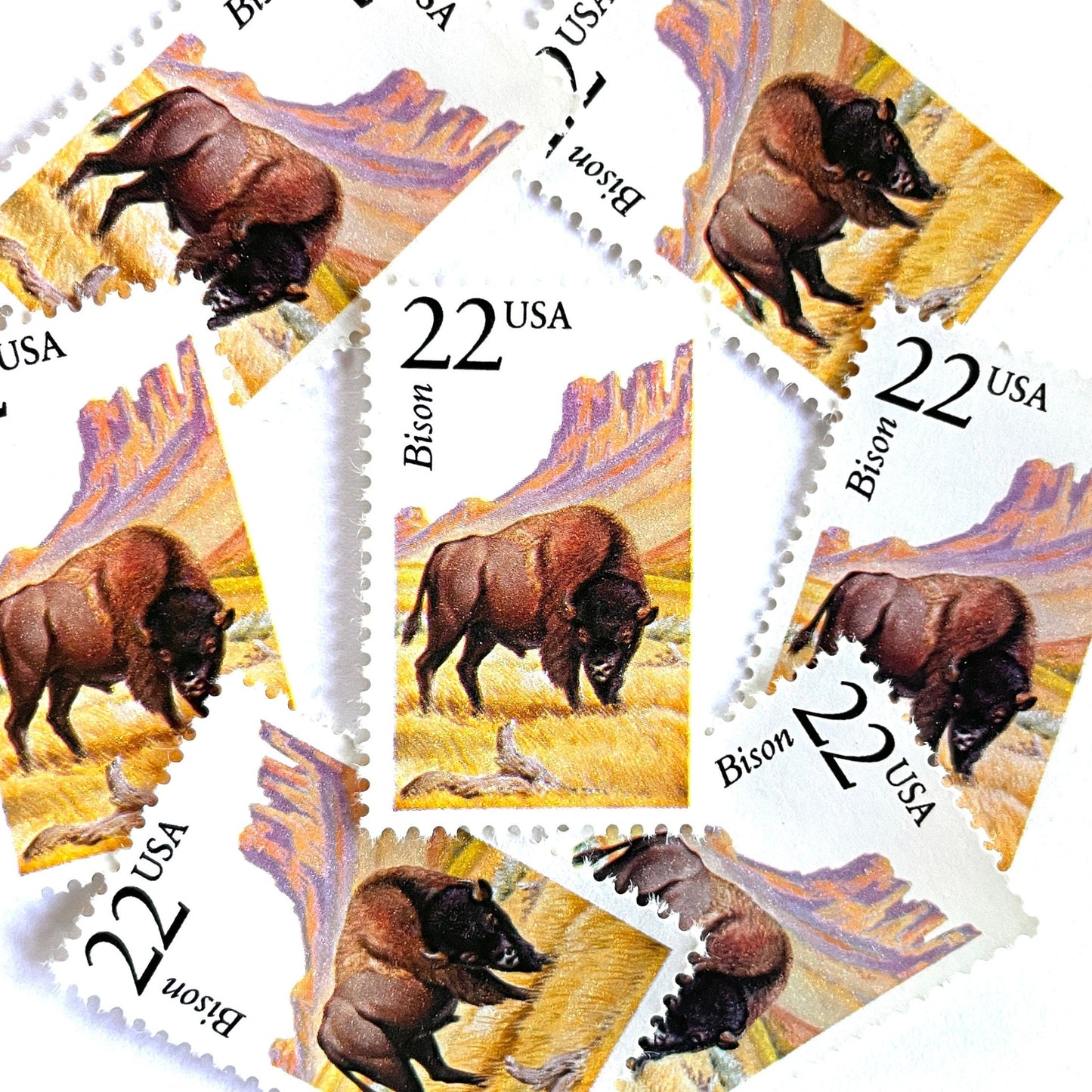 Image of 1987 North American Wildlife Series “Bison” 22-cent vintage unused USPS mail stamps. Scott #2320. Stamp Themes: Wildlife, Nature, Buffalo, Bison, Tatanka, Herd, Grazing, Prairie, Grasslands, University of Colorado Boulder Ralphie, Colorado, Wyoming, Yellowstone, Grand Tetons, Conservation. Brown, Yellow/Gold, Pink, Multicolored postage stamp. Perfect vintage postage stamp to use for save the date announcements, wedding invitation postage, shower invitations, thank you cards, and snail mail.