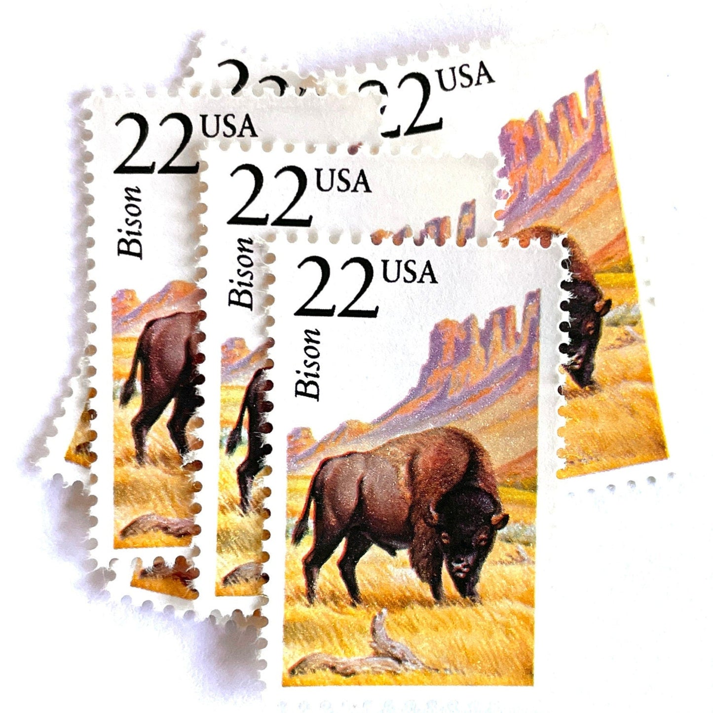 Image of 1987 North American Wildlife Series “Bison” 22-cent vintage unused USPS mail stamps. Scott #2320. Stamp Themes: Wildlife, Nature, Buffalo, Bison, Tatanka, Herd, Grazing, Prairie, Grasslands, University of Colorado Boulder Ralphie, Colorado, Wyoming, Yellowstone, Grand Tetons, Conservation. Brown, Yellow/Gold, Pink, Multicolored postage stamp. Perfect vintage postage stamp to use for save the date announcements, wedding invitation postage, shower invitations, thank you cards, and snail mail.