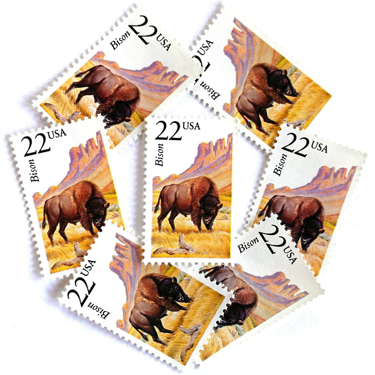 Image of 1987 North American Wildlife Series “Bison” 22-cent vintage unused USPS mail stamps. Scott #2320. Stamp Themes: Wildlife, Nature, Buffalo, Bison, Tatanka, Herd, Grazing, Prairie, Grasslands, University of Colorado Boulder Ralphie, Colorado, Wyoming, Yellowstone, Grand Tetons, Conservation. Brown, Yellow/Gold, Pink, Multicolored postage stamp. Perfect vintage postage stamp to use for save the date announcements, wedding invitation postage, shower invitations, thank you cards, and snail mail.
