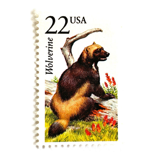 Image of 1987 North American Wildlife Series “Wolverine” 22-cent mail stamps. Scott #2327. Stamp Themes: Mammal, Strength, Tenacity, University of Michigan, Biff the Wolverine. Brown, Red, Multicolored postage stamp.