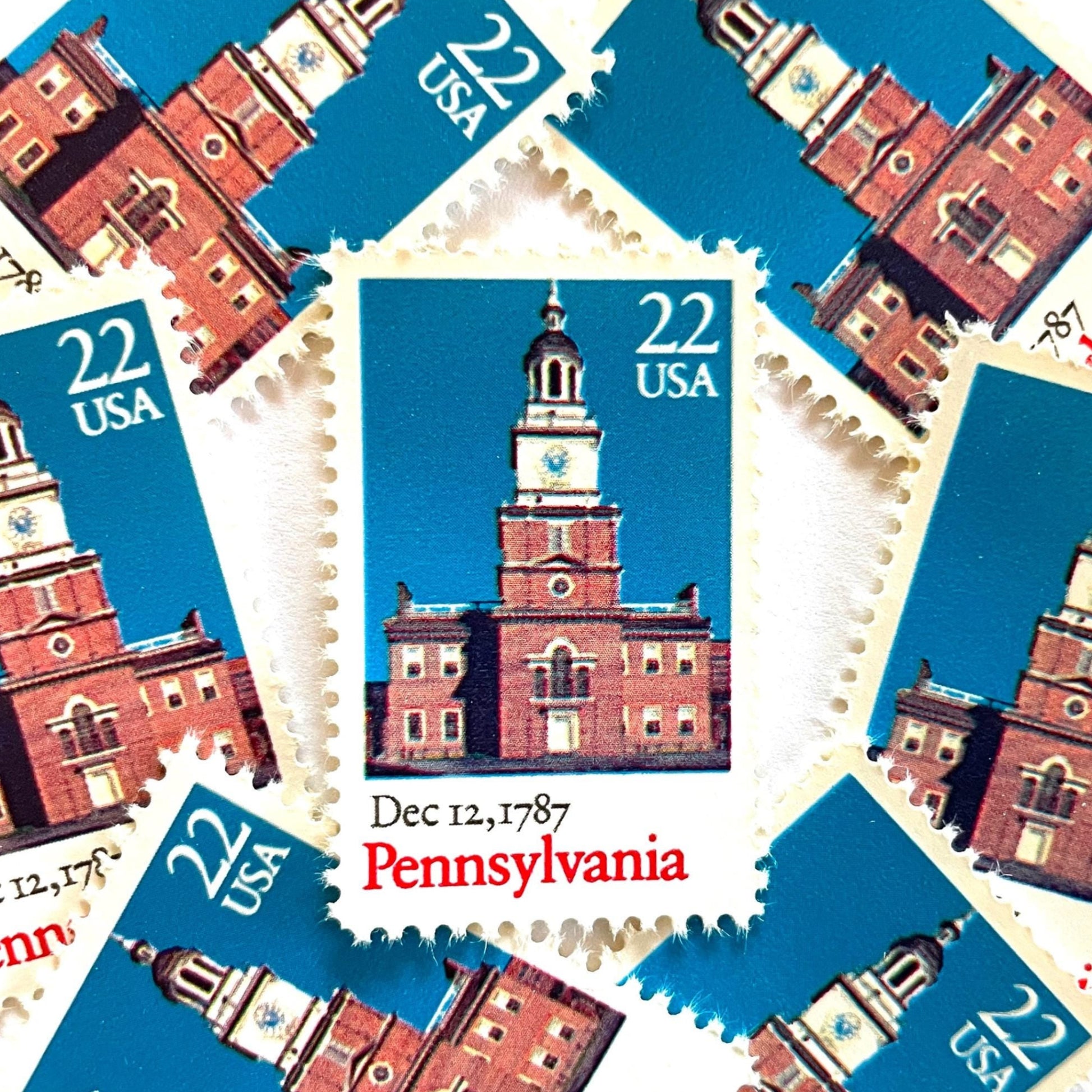 Image of Pennsylvania Statehood postage stamps from the 1987 Bicentenary Statehood series, featuring Philadelphia’s Independence Hall on vintage unused 22-cent USPS postage, Scott 2337.
