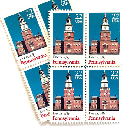 Image of Pennsylvania Statehood postage stamps from the 1987 Bicentenary Statehood series, featuring Philadelphia’s Independence Hall on vintage unused 22-cent USPS postage, Scott 2337.