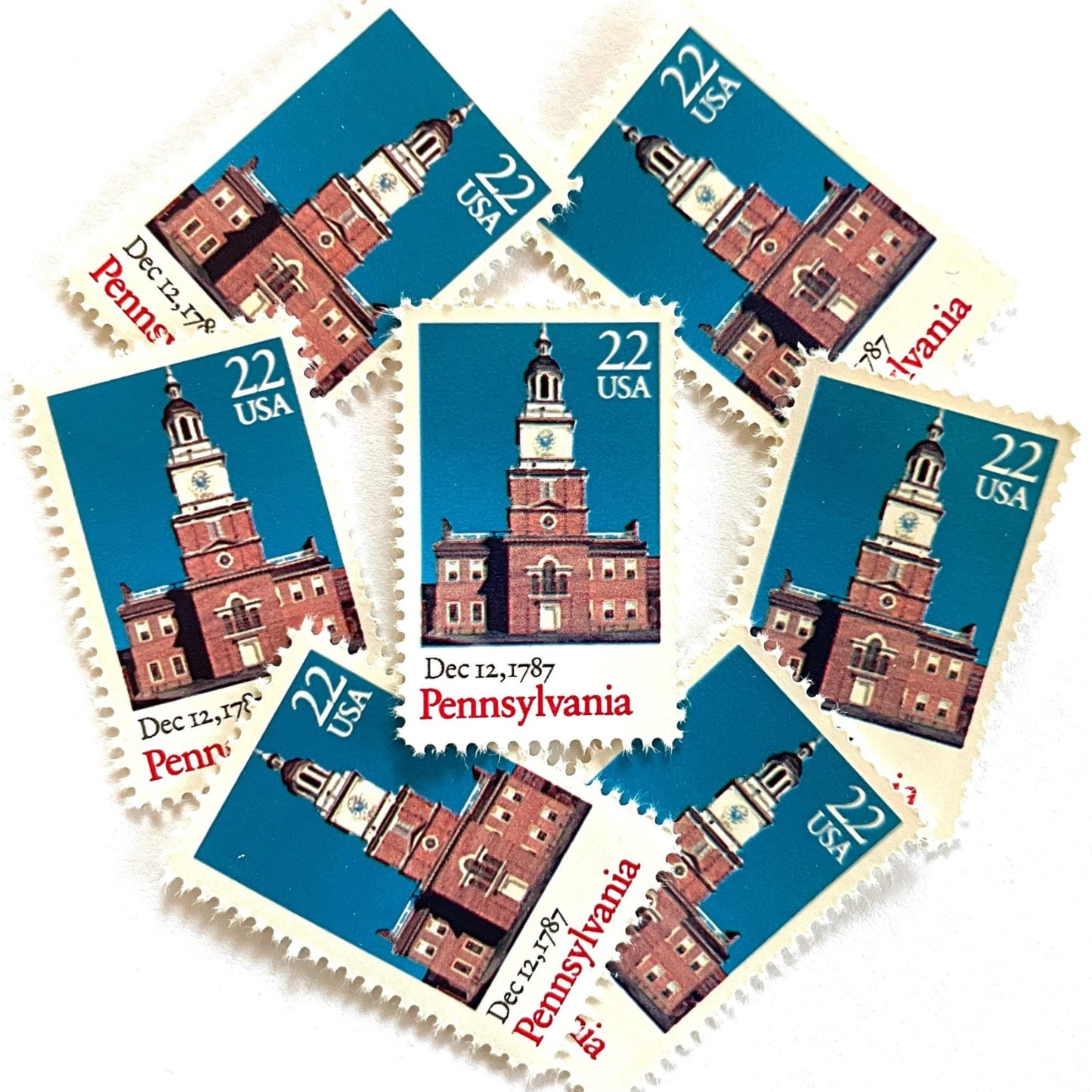Image of Pennsylvania Statehood postage stamps from the 1987 Bicentenary Statehood series, featuring Philadelphia’s Independence Hall on vintage unused 22-cent USPS postage, Scott 2337.