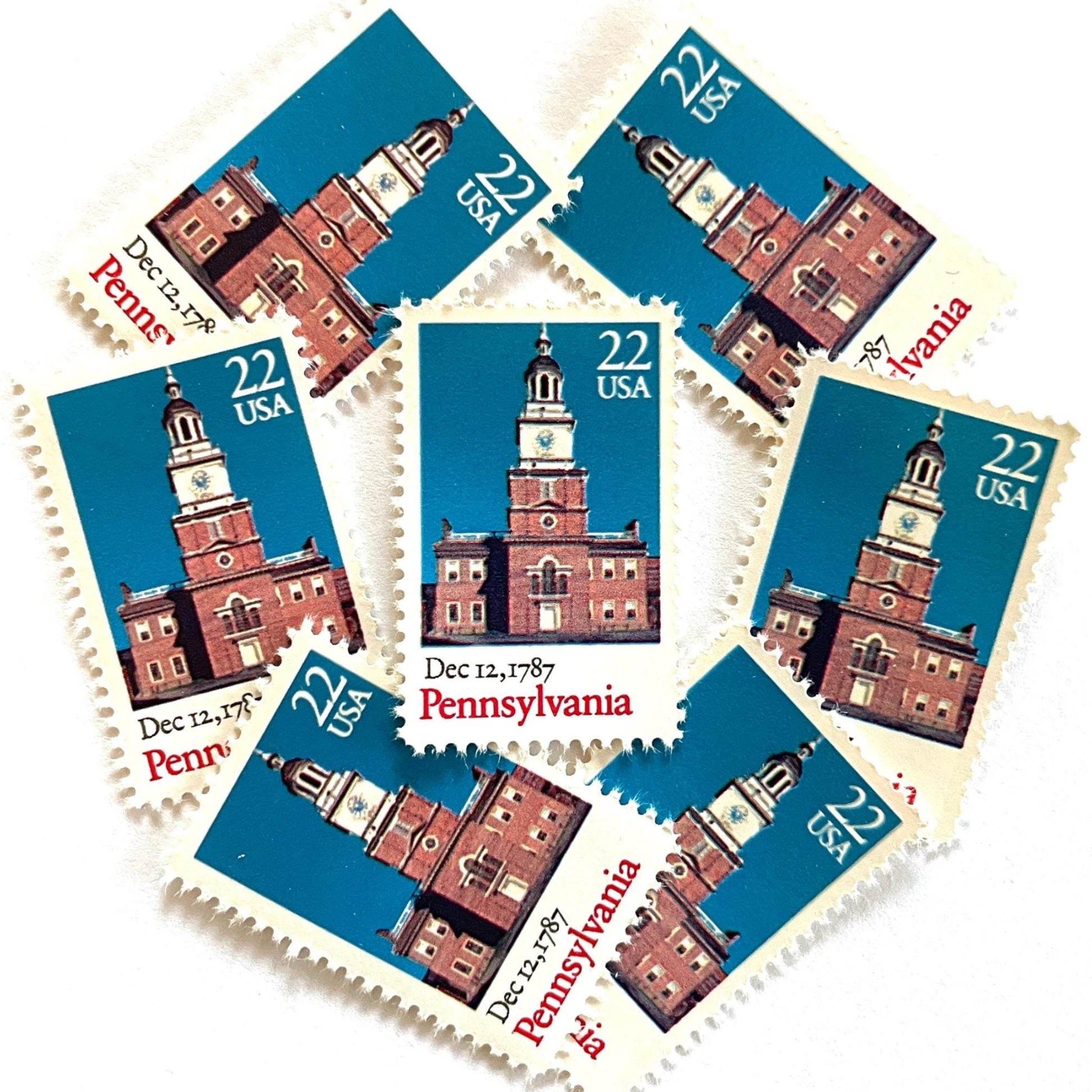 Image of Pennsylvania Statehood postage stamps from the 1987 Bicentenary Statehood series, featuring Philadelphia’s Independence Hall on vintage unused 22-cent USPS postage, Scott 2337.