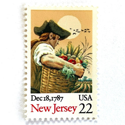 Image of a New Jersey Statehood postage stamp from the 1987 Bicentenary Statehood series, featuring a farmer carrying a basket of produce on vintage unused 22-cent USPS postage, Scott 2338.