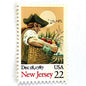 Image of a New Jersey Statehood postage stamp from the 1987 Bicentenary Statehood series, featuring a farmer carrying a basket of produce on vintage unused 22-cent USPS postage, Scott 2338.