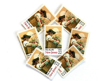 Image of New Jersey Statehood postage stamps from the 1987 Bicentenary Statehood series, featuring a farmer carrying a basket of produce on vintage unused 22-cent USPS postage, Scott 2338.