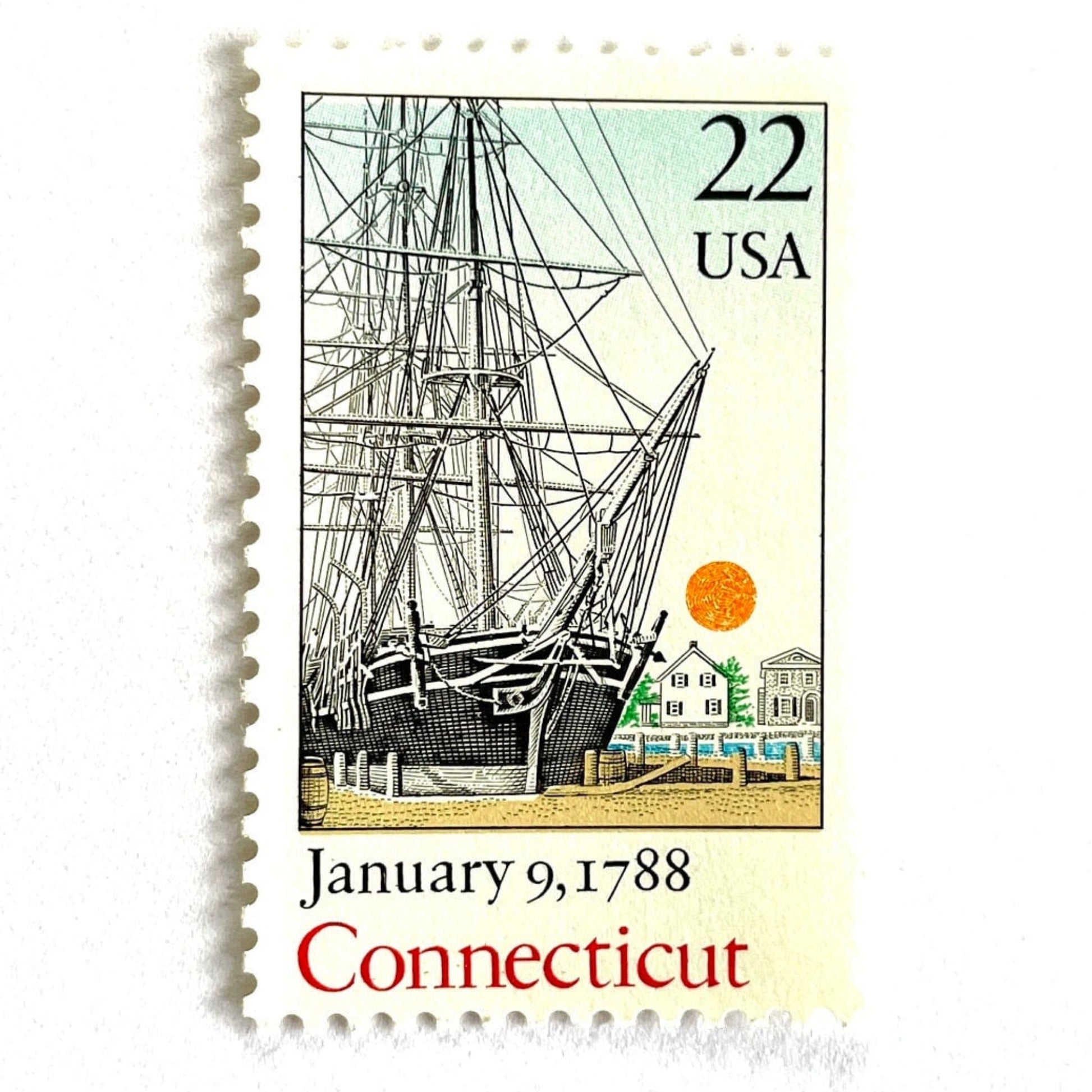 Image of Connecticut Statehood postage stamps from the 1988 Bicentenary Statehood series, featuring the historic Charles W. Morgan ship in Mystic Harbor on vintage unused 22-cent USPS postage, Scott 2340.