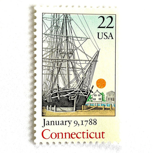 Image of Connecticut Statehood postage stamps from the 1988 Bicentenary Statehood series, featuring the historic Charles W. Morgan ship in Mystic Harbor on vintage unused 22-cent USPS postage, Scott 2340.