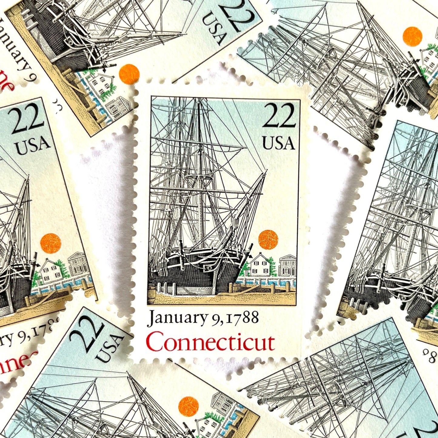 Image of Connecticut Statehood postage stamps from the 1988 Bicentenary Statehood series, featuring the historic Charles W. Morgan ship in Mystic Harbor on vintage unused 22-cent USPS postage, Scott 2340.
