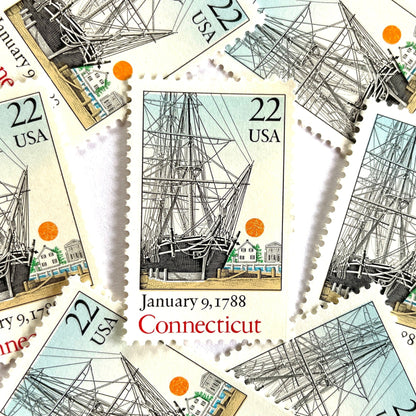 Image of Connecticut Statehood postage stamps from the 1988 Bicentenary Statehood series, featuring the historic Charles W. Morgan ship in Mystic Harbor on vintage unused 22-cent USPS postage, Scott 2340.