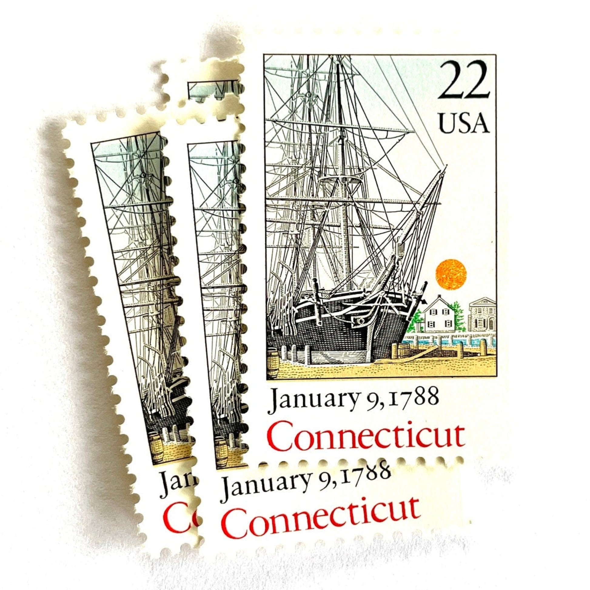 Image of Connecticut Statehood postage stamps from the 1988 Bicentenary Statehood series, featuring the historic Charles W. Morgan ship in Mystic Harbor on vintage unused 22-cent USPS postage, Scott 2340.