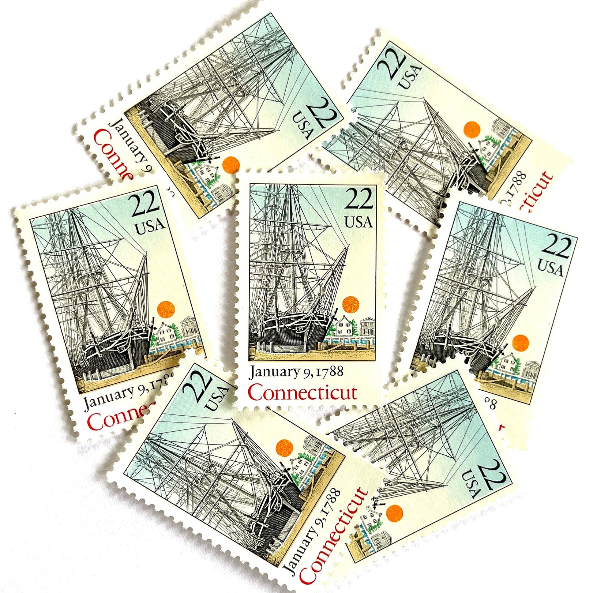Image of Connecticut Statehood postage stamps from the 1988 Bicentenary Statehood series, featuring the historic Charles W. Morgan ship in Mystic Harbor on vintage unused 22-cent USPS postage, Scott 2340.