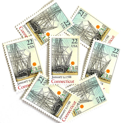 Image of Connecticut Statehood postage stamps from the 1988 Bicentenary Statehood series, featuring the historic Charles W. Morgan ship in Mystic Harbor on vintage unused 22-cent USPS postage, Scott 2340.